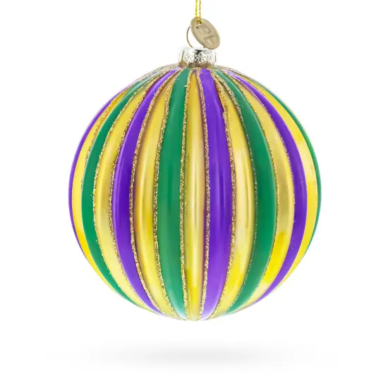 Striped Purple, Green, and Gold Glass Ball Christmas Ornament {3}
