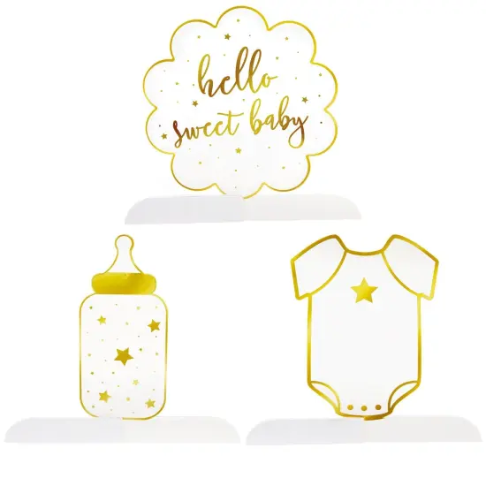 Sparkle and Bash Hello Sweet Baby Table Centerpieces, Honeycomb Gender Neutral Baby Shower Decorations (White and Gold Foil, 6 Pack, 3 Designs) {6}