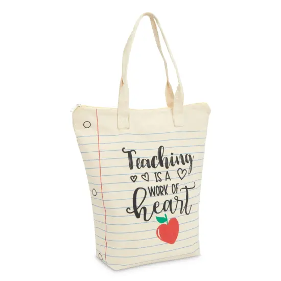 Canvas Tote Bag for Teacher Appreciation Gifts, Teaching is a Work of Heart (14.5 x 15 x 6 In) White {1}
