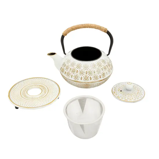 3 Piece Set White Japanese Cast Iron Teapot - Loose Leaf Tetsubin with Handle, Stainless Steel Infuser, and Trivet (27 oz, 800 ml) {5}