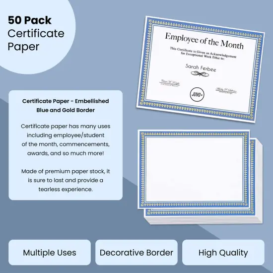 50 Pack Award Certificate Paper with Blue Border 8.5 x 11 for Printing Graduation, Diploma and Achievement (White) {2}