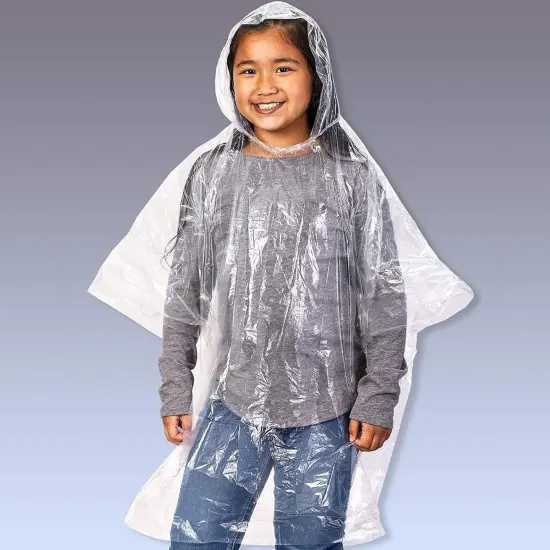 Juvale 10-Pack Disposable Rain Ponchos for Kids - Emergency Plastic Raincoats with Hood for Boys and Girls Ages 3-14 (Clear) {4}