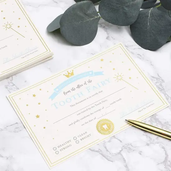 Tooth Fairy Paper Certificate with Gold Foil for Kids (6 x 4 inches, Ivory, 32 Pack), Ages 3-14 Brown {3}