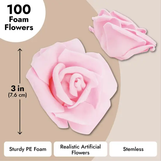 100 Pack Artificial Pink Roses, DIY Crafts, 3 Inch Stemless Flower Heads for Wall Decor, Weddings, Bouquets {3}