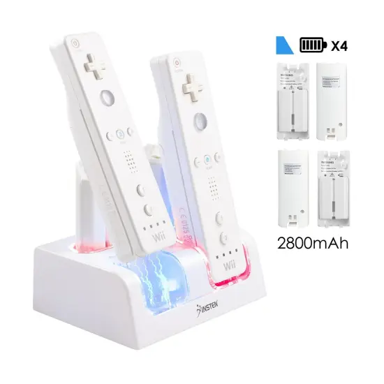 4 Ports Charging Station for Wii Remote Controller, Charger Dock Stand with 4 Bonus 2800mAh Rechargeable Replacement Batteries Pack (Updated Version) White by Insten {4}