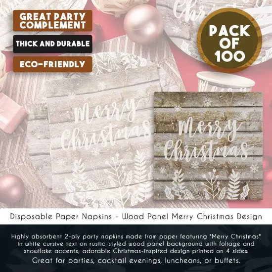 Juvale 100 Pack Christmas Paper Napkins, Wood Panel Design Holiday Party Supplies, 6.5 x 6.5 Inches, Rustic Christmas Cocktail Napkins {6}