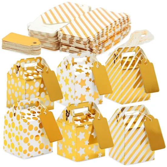 36-Pack Mini Gold Gift Boxes - Tiny 2x2x2 Favor Boxes for Wedding, Birthday, Treats, with Tags and String (3 Patterns) {1}