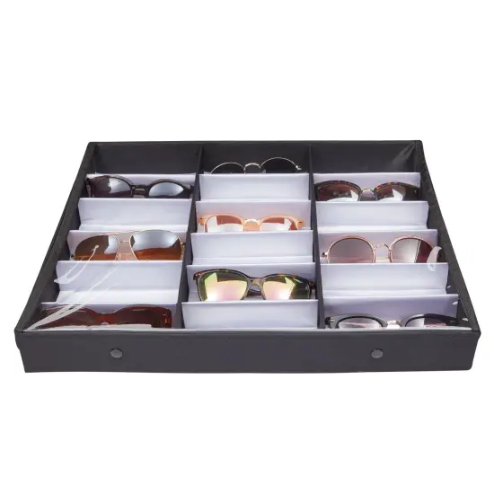 18 Slot Sunglasses Organizer for Women and Men, Eyeglass Storage Case with Clear Lid for Multiple Pairs of Glasses (18.5 x 14.25 In) Black {4}