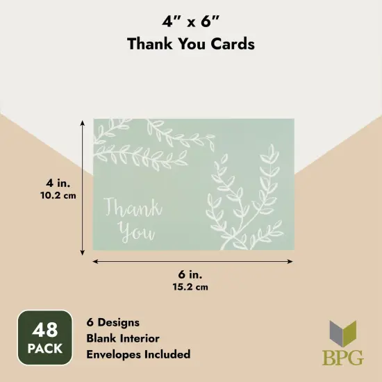 48 Pack Thank You Cards with Envelopes Bulk for Weddings, Baby Showers, Business, Graduation - 6 Floral Designs (Pink & Sage Green, 4x6 In) {3}