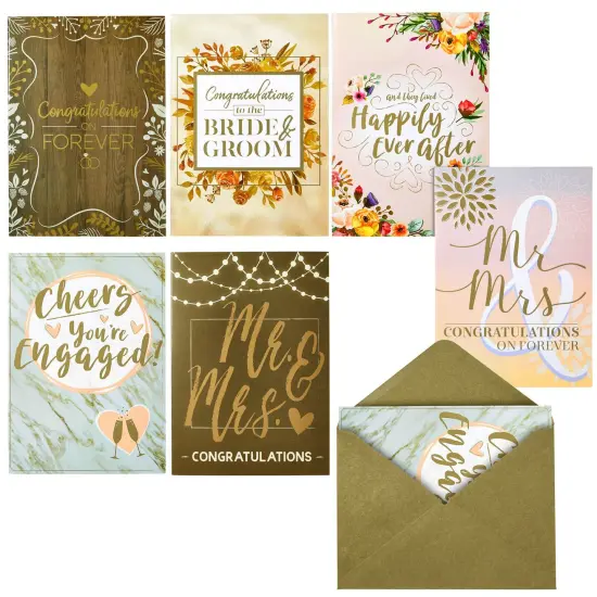 36 Pack Engagement and Wedding Greeting Cards for Couples with Envelopes, Congratulations Bride and Groom, 6 Rustic Designs (5x7 In) Multicolor {1}