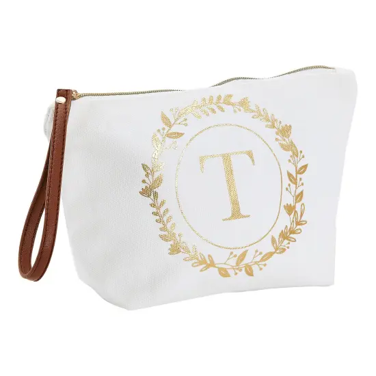 Gold Initial T Personalized Makeup Bag for Women, Monogrammed Canvas Cosmetic Pouch (White, 10 x 3 x 6 In) {1}