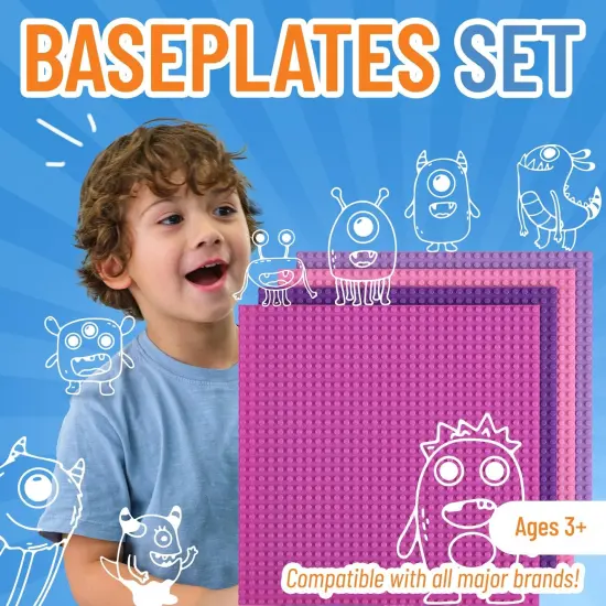 Strictly Briks 4 Pack Baseplates 10x10 Inches, Stackable Building Plates with 32 x 32 Studs, Mats, Bases, Boards, Sheets 100% Compatible with All Major Brands, Girl Colors, Ages 3-14 Pink {7}