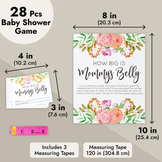 Baby Shower How Big is Mommys Belly Game with 24 Cards, 3 Pink Measuring Tapes, 1 Sign (28 Piece Set) White {3}