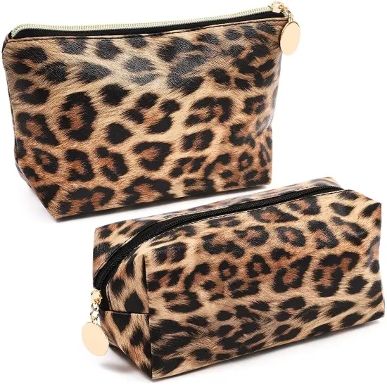 Small Leopard Print Faux Leather Makeup Bag (8 x 3 x 5 In, 2-Pack) Brown {1}