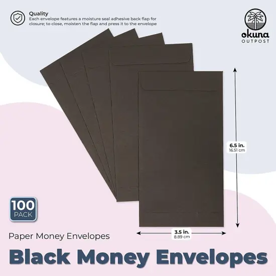 Okuna Outpost 100 Pack Black Money Envelopes for Cash - 100 GSM Kraft Paper - Money Saving Challenges Envelopes for Currency & Coins (3.5x6.5 in) {3}