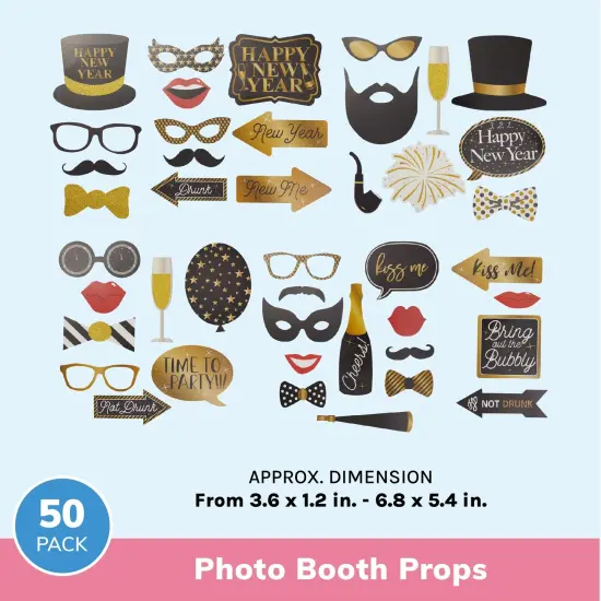 50 Piece New Year's Eve Photo Booth Props, Black and Gold New Year Party Supplies Multicolor {3}