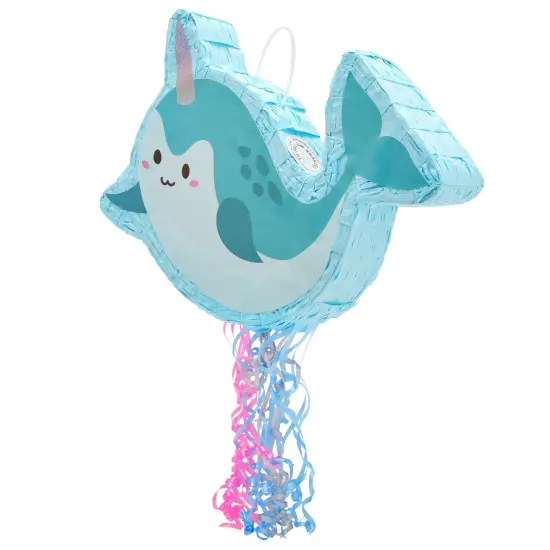 Pull String Narwhal Pinata for Birthday Party Supplies, Under the Sea Party Decorations, Baby Shower (Small, 16.5 x 12.3 x 3 In) Blue {6}