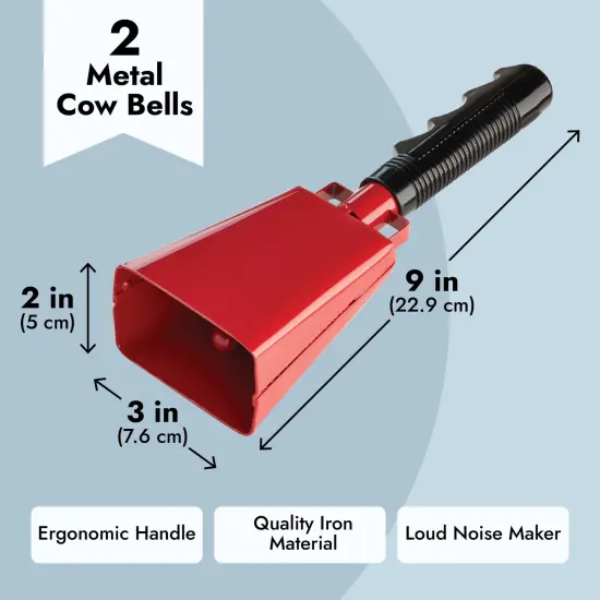 2 Pack 9-inch Cowbells for Sporting Events, Percussion Noise Makers with Handle for Football Games, Stadiums (Red) {4}