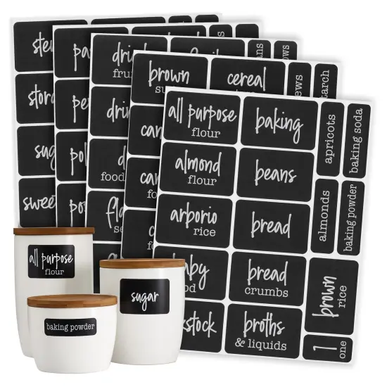 Talented Kitchen 128 Pieces Chalkboard Pantry Labels for Food Containers, Preprinted White Script on Black Stickers for Jars, Kitchen Canisters (Water Resistant) {1}