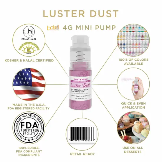 Bakell - Dusty Rose Luster Dust (4g, 1x Pump) Edible Vegan Dust & Paint for Baking, Desserts and Beverages {2}