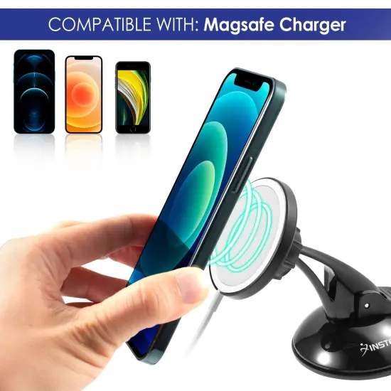 Insten Car Phone Holder Compatible with Magsafe Charger Wireless Charging Pad, Dashboard Windshield Mount Adjustable, Strong Suction Cup Black {7}