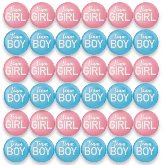 24 Pack Gender Reveal Pins for Party Supplies, Blue and Pink Team Boy Team Girl Buttons (2.25 In) {4}