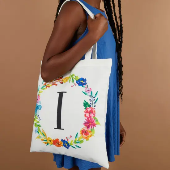 Set of 2 Reusable Monogram Letter I Personalized Canvas Tote Bags for Women, Floral Design (29 Inches) White {3}
