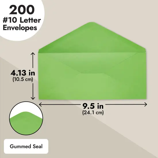 200 Pack #10 Green Colored Envelopes Bulk - Gummed Seal Letter Size for Party Invitations, Business Mailing, Checks, Holidays, Greeting Cards, Thank You Notes (4.13 x 9.5 In) {3}