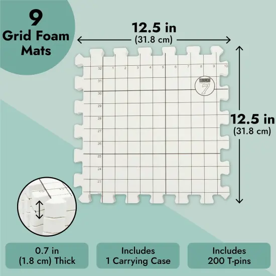 Bright Creations 9 Extra Thick Blocking Board Mats for Knitting w/Grids, 200 T-Pins, 1 Storage Bag (210 Pieces) White {4}