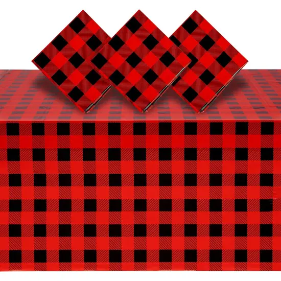 3 Pack Buffalo Plaid Plastic Tablecloth for Lumberjack Birthday Party Decorations, Disposable Red and Black Table Cover (54 x 108 In) {1}