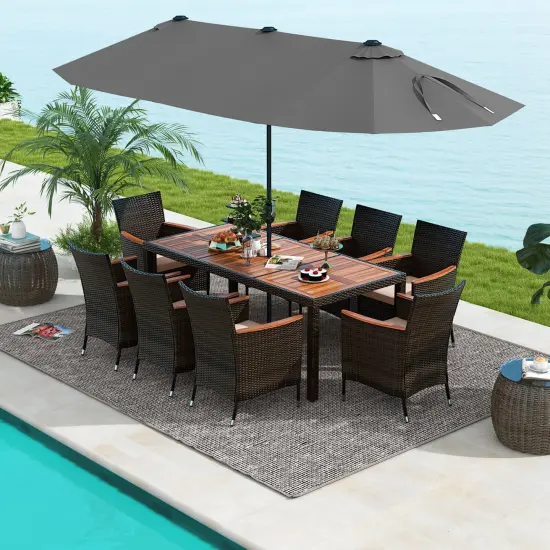 Costway 11 PCS Patio Dining Set with 15ft Double-Sided Patio Umbrella (Base Included) Beige/Coffee/Navy/Orange/Wine/Grey {2}