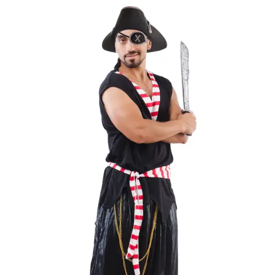 Black Pirate Hat and Eye Patch for Halloween Outfit - Tricorn Hat for Birthday Party Costume, Dess Up, Adult Size {4}