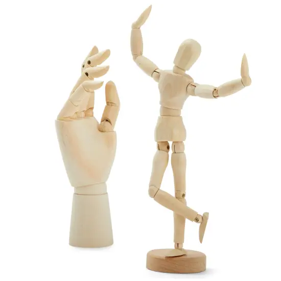 7" Wooden Hand Model and 8" Posable Wooden Mannequin Figure for Drawing, Adjustable Art Supplies (2-Piece) Brown {4}