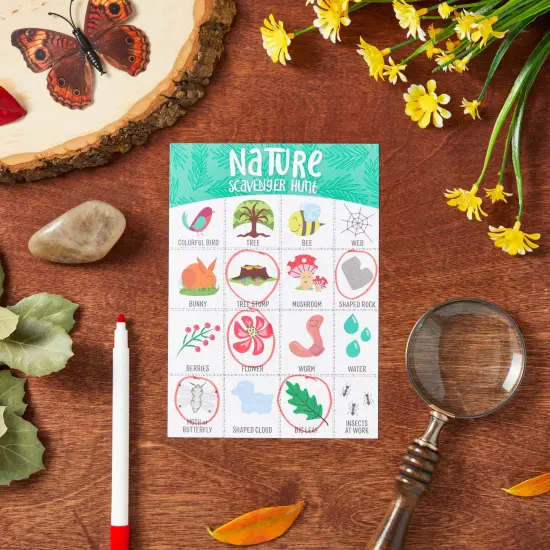 Juvale 50 Pack Nature Themed Scavenger Hunt Cards for Kids Ages 3-14, Outdoor Find and Seek Camping Game {5}