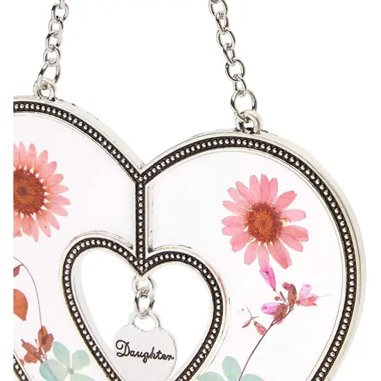 Metal Hanging Heart Suncatcher with Pressed Flowers for Window and Home Decor, 4.5 x 8.25 in. Pink {5}