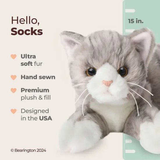 Bearington Collection Socks the Cat 15 In Plush Cat - Stuffed Animal Grey Cat Plush Toy - Stuffed Cats That Look Real - Plushies for Kids, For Ages 3-14 {2}