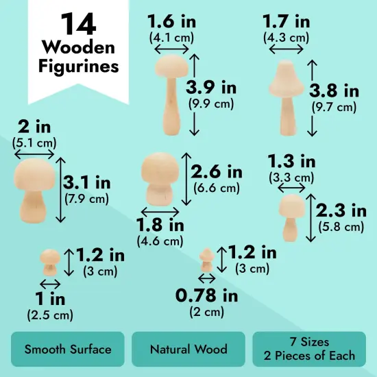 Mini Wooden Mushrooms to Paint, Unfinished Wood Figurines for Craft Ornament (7 Sizes, 14 Pack) Brown {4}