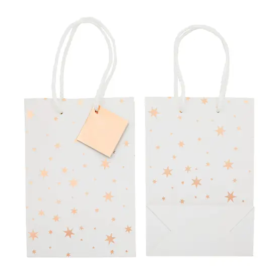 24 Pack Small White Bags with Handles and Tags, Paper Gift Bags for Small Business, 4 Rose Gold Foil Designs (7.9 x 5.5 x 2.5 In) {5}
