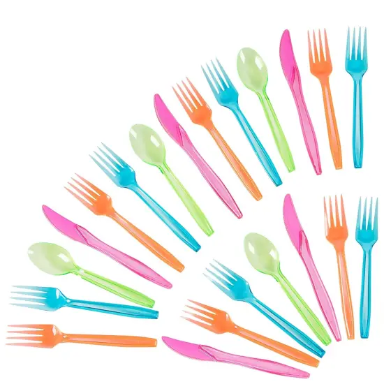Rainbow Plastic Silverware Set, Neon Forks, Knives, and Spoons (144 Pieces) Multicolor {1}