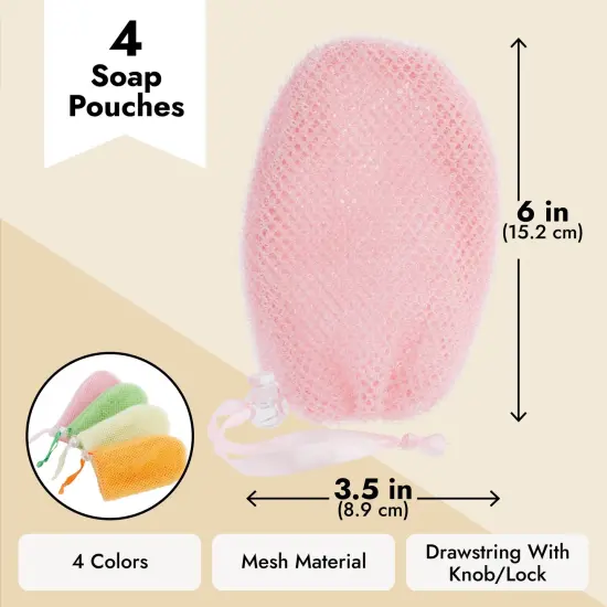4 Pack Soap Savers for Bar Soap with Drawstring Closure, Mesh Pouch for Exfoliating (4 Colors, 3.5 x 6 In) Multicolor {4}