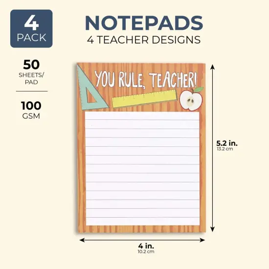 4-Pack Teacher Notepad Sets for Classroom Gifts, Professor Appreciation, School Supplies, 50 Sheets Per Memo Pad, 200 Sheets Total, 4 Motivational Designs (4x5 in) Multicolor {4}