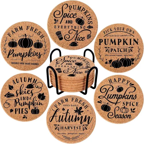 6Pcs Fall Cork Coasters with Holder {1}