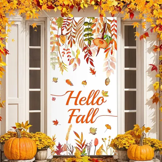 Hello Fall Door Cover Decorations Hello Autumn Door Banner Background {1}