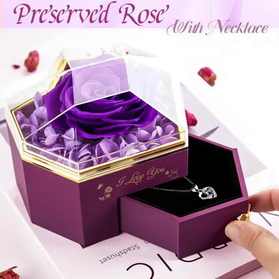 Heart Shape Preserved Real Rose Box with Necklace {2}