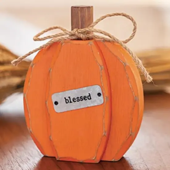 Rustic Pumpkin Sitter Wood Fall Accent with Galvanized Metal Plate Blessed {2}