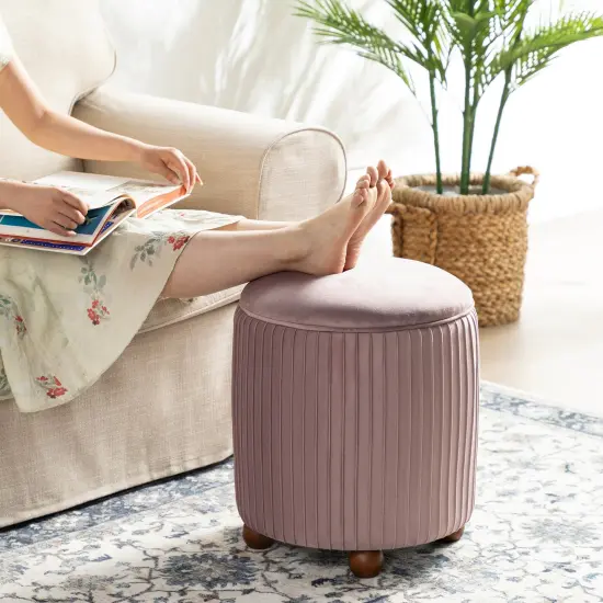 Modern Dusty Pleated Velvet Upholstered Storage Ottoman or Accent Stool with Rubberwood Ball Feet Pink {2}