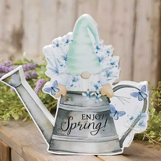 Enjoy Spring Gnome Wooden Sitter Watering Can Tabletop Decor with Mint Green Hat, Blue Florals & Butterflies {2}