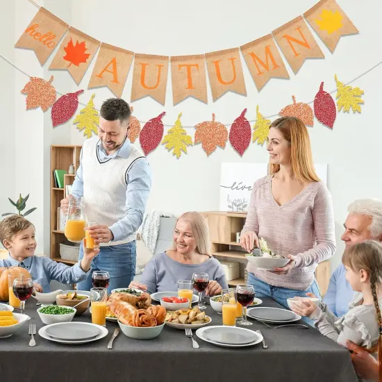 2pcs-Jute Burlap Hello Autumn Maple Leaf Banner, Fall Party Supplies Buntting {5}