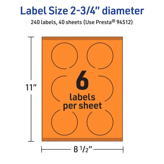 Avery Bright Orange Paper Labels, 2.75" Diameter Round {5}