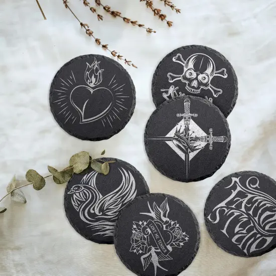 4 PCS Round Slate Drink Coasters Set {2}